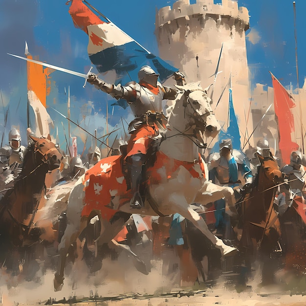 Le vaillant chevalier avance avec une bannière.