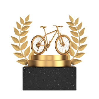 Vainqueur award cube gold laurel wreath podium stage ou piédestal avec golden mountain bike 3d rendering