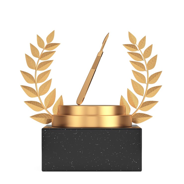 Photo vainqueur award cube gold laurel wreath podium stage ou piédestal avec golden scalpel chirurgical rendu 3d
