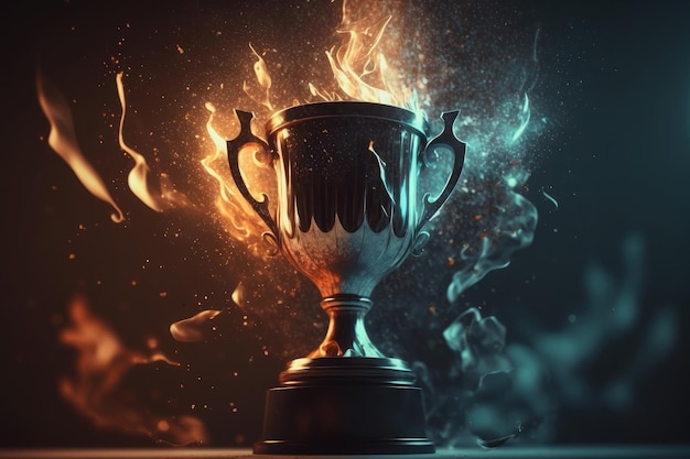 Vainqueur de la coupe du trophée du champion d'or sur fond de lumières sombres bokeh flou Art généré par l'IA