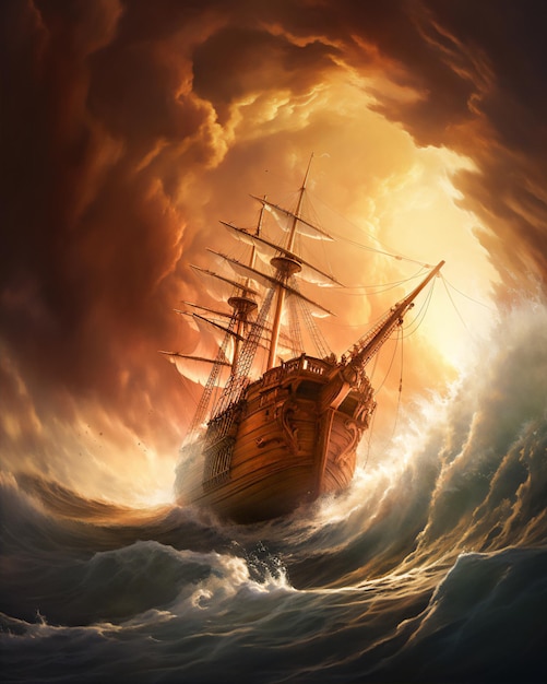 le vaisseau du prophète noé sur une vague géante dramatique hyper réaliste dramatique lumière et ombres soleil derrière