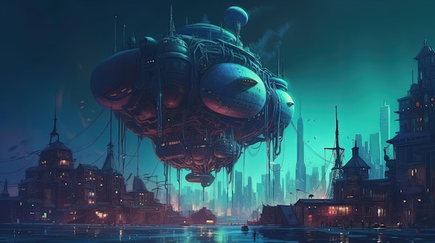 Vaisseau extraterrestre volant sous la rivière dans la ville Concept de fantaisie Peinture d'illustration AI générative