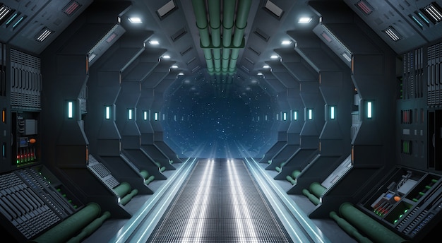 Photo vaisseau spatial couloir intérieur scifi fiction concept rendu 3d