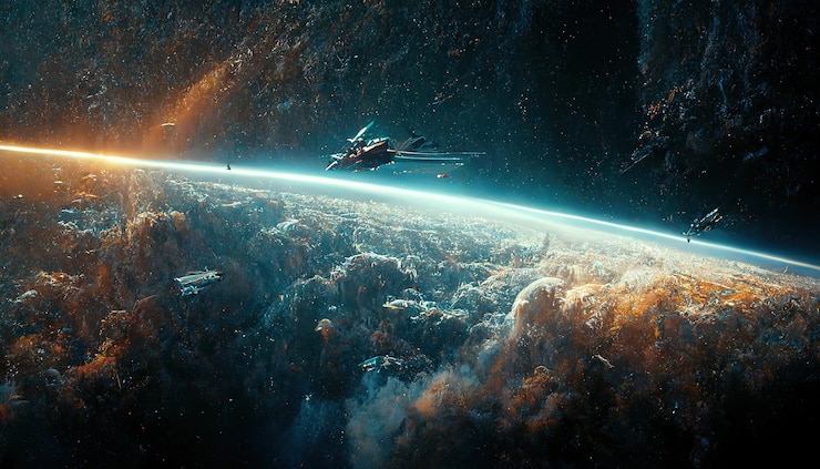 Photo le vaisseau spatial décolle dans le ciel étoilé la fusée commence dans l'espace rendu 3d