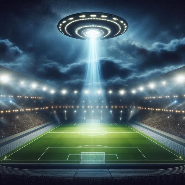 Un vaisseau spatial extraterrestre au-dessus d'un stade de football