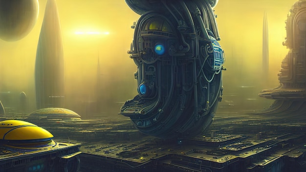 Vaisseau spatial Fantasy City base vaisseau spatial légendaire sur une planète dans l'espace Les néons illuminent la ville du futur illustration 3d de science-fiction