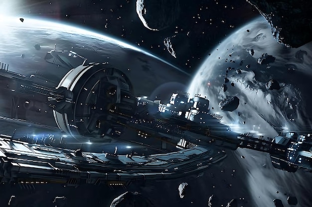 Un vaisseau spatial futuriste en orbite autour de planètes avec des astéroïdes
