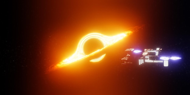 Vaisseau spatial futuriste volant vers un trou noir dans le rendu du cosmos d