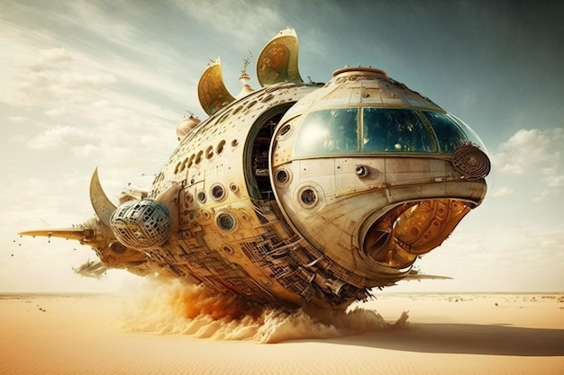 Un vaisseau spatial futuriste vole dans le désert.