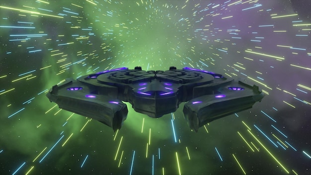Un vaisseau spatial futuriste vole à travers le cyberespace Lignes colorées au néon Concept abstrait illustration 3d