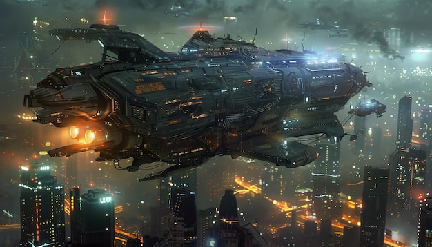 Un vaisseau spatial massif flotte au-dessus de la ville dans un style sci-fi avec un fond sci-fi dans une scène cinématographique