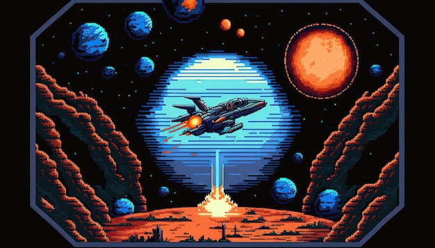 Un vaisseau spatial sur une piste de course Niveau de jeux vidéo rétro Pixel art scène de jeu vidéo 8 bits