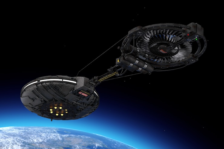 Photo vaisseau spatial, station spatiale ou vaisseau spatial ovni extraterrestre en vol en orbite autour de la terre en gros plan extrême. éléments de cette image fournis par la nasa. rendu 3d.