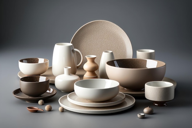 Vaisselle en céramique faite à la main assiettes et tasses en céramique artisanales vides sur fond clair génération AI