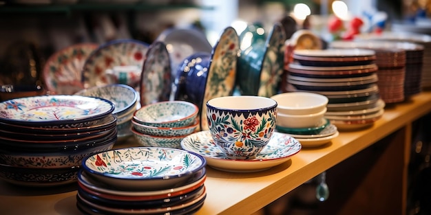 vaisselle colorée faite main en céramique de porcelaine sur le comptoir du magasin