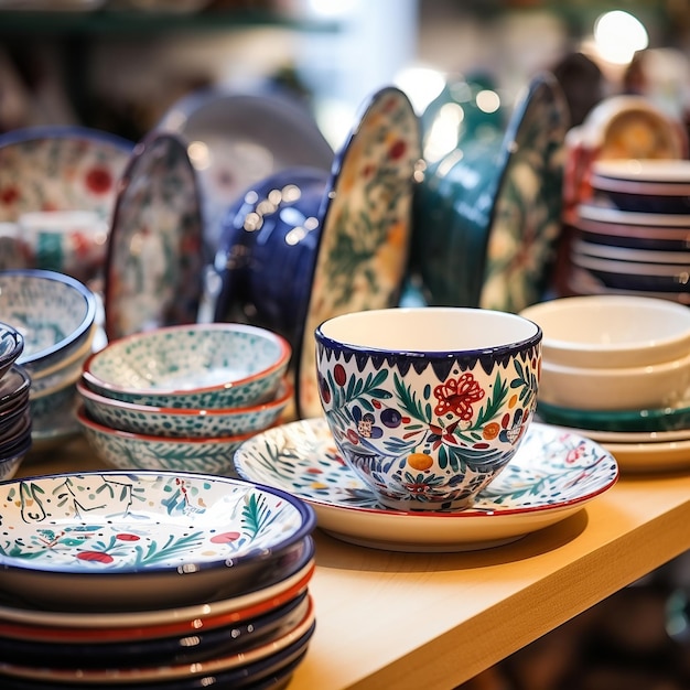 vaisselle colorée faite main en céramique de porcelaine sur le comptoir du magasin