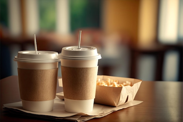 Vaisselle en papier jetable pour café au lait sur fond flou