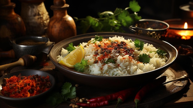 La vaisselle rustique contient du riz basmati gastronomique au piment