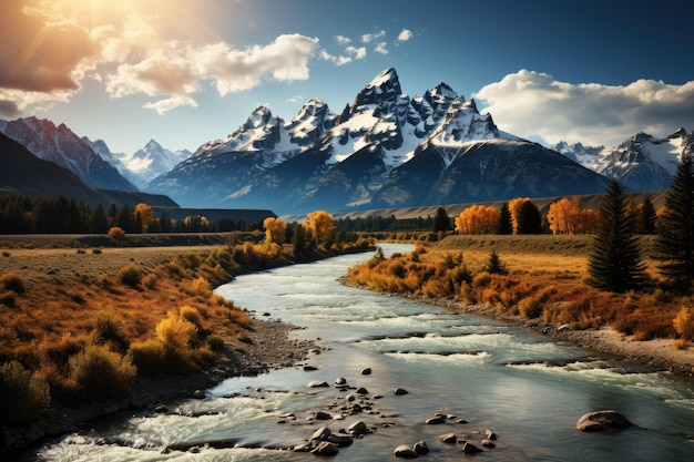 Vale sereine avec la rivière et les arbres sous le soleil d'ouest générative IA