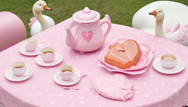 Valentine aime le fond rose avec des jouets et une tasse de café sur une nappe rose