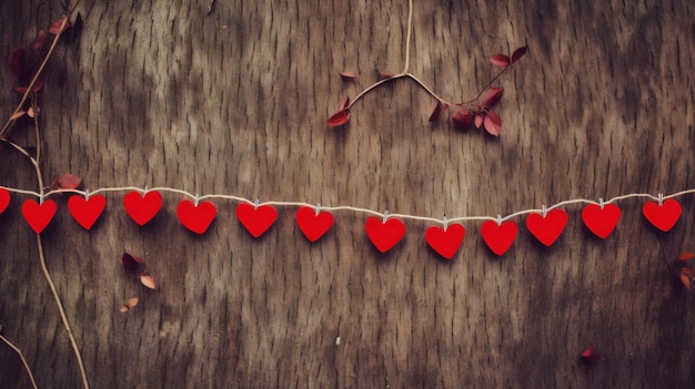 Valentine cœur lignes naturelles et clips rouges suspendus sur le treillis rustique texture d'arrière-plan espace de copie