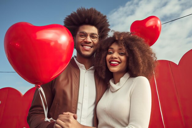 Photo valentine s day young couple holding red heart balloons together stock image