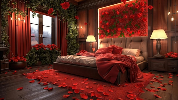 Photo les valentins se sentent à l'intérieur avec un lit parsemé de roses rouges
