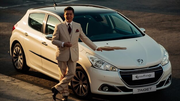 Photo un valet de stationnement en costume beoge se tient devant une peugeot blanche.