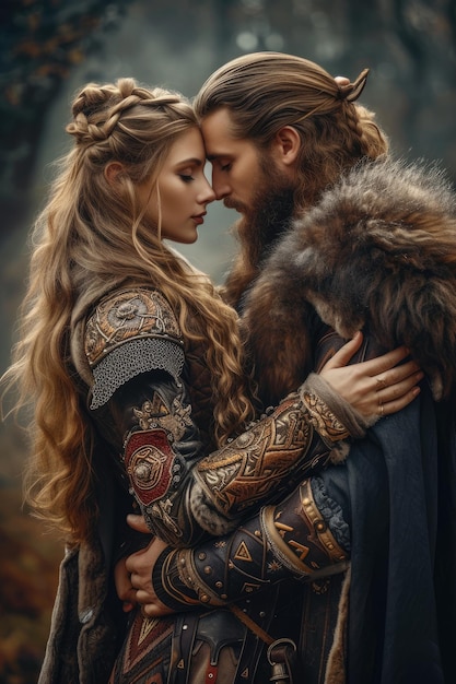 Un valiant guerrier viking embrasse tendrement sa princesse bien-aimée