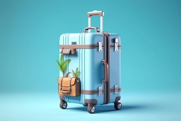 Valise avec accessoires de voyage sur fond bleu