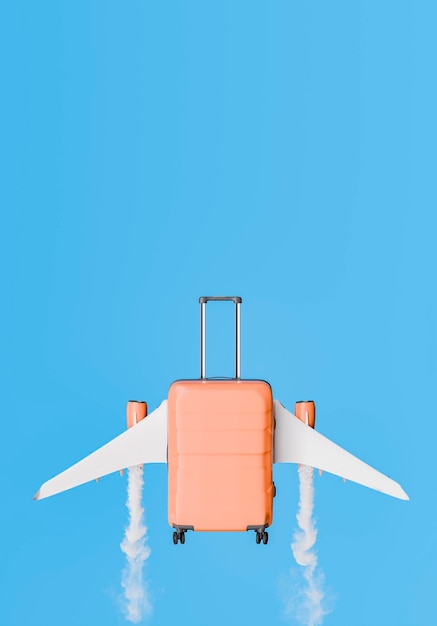 Une valise avec des ailes d'avion volant sur un fond bleu