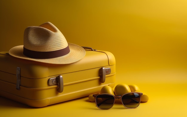 Valise à l'ancienne jaune avec chapeau de paille et lunettes de soleil à côté du concept de lumière de voyage toile jaune IA générative