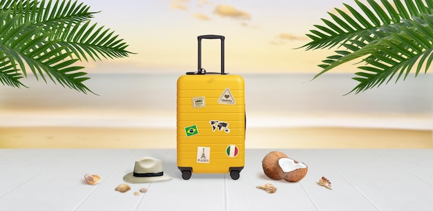 Valise avec autocollants de voyage sur la plage entourée de coquilles de noix de coco et de feuilles de palmier Concept de voyage