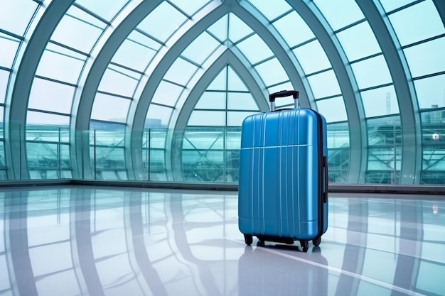 Une valise bleue assise dans une image ai générative du terminal de l'aéroport