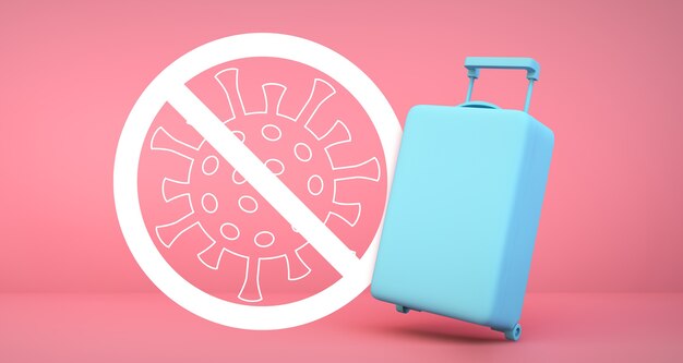 Valise bleue avec avertissement Coronavirus 2019-nCoV sur fond rose rendu 3d