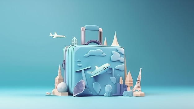 Photo une valise bleue avec un avion dessus et une ville en dessous.