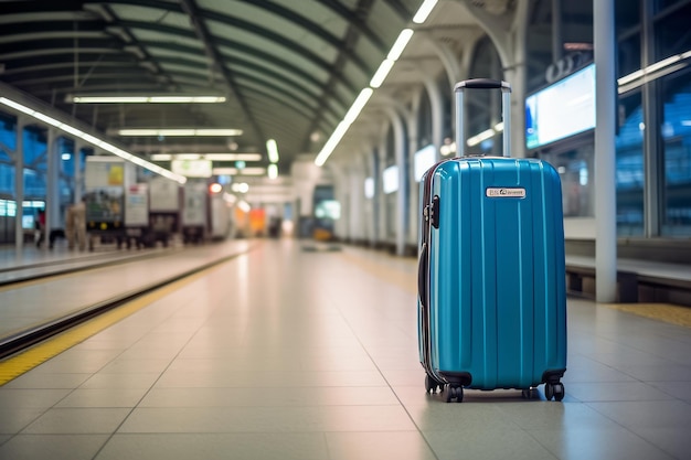 Une valise bleue est sur le sol d'un aéroport.