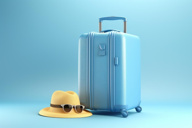 Valise bleue avec lunettes de soleil, chapeau et appareil photo sur fond bleu pastel, concept de voyage minimal