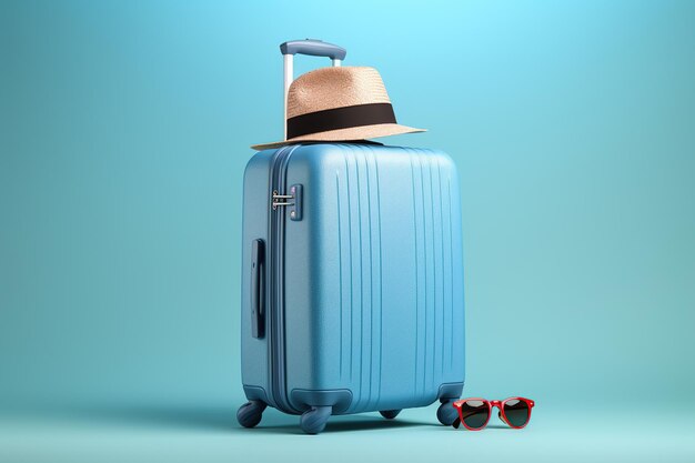 Une valise bleue avec des lunettes de soleil, un chapeau et un appareil photo sur un fond bleu pastel