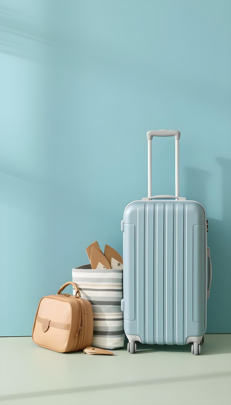 Photo une valise bleue et une paire de chaussures sur un mur bleu