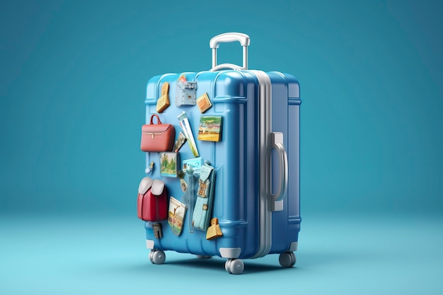 Une valise bleue pleine de points de repère et d'accessoires de voyage sur un fond bleu AI générative