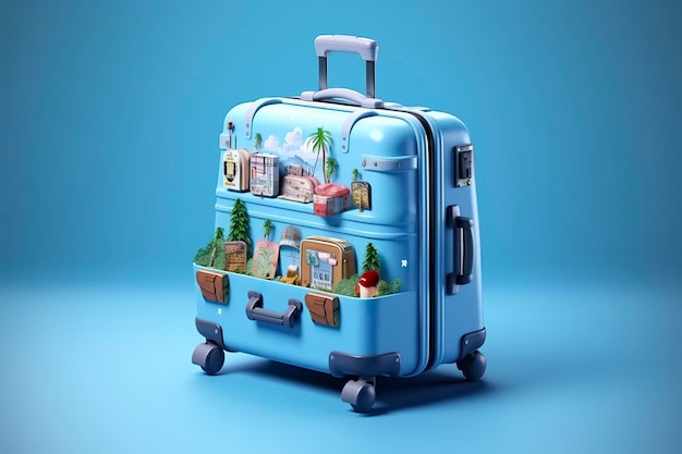 Valise bleue pleine de points de repère et d'accessoires de voyage sur fond bleu AI générative