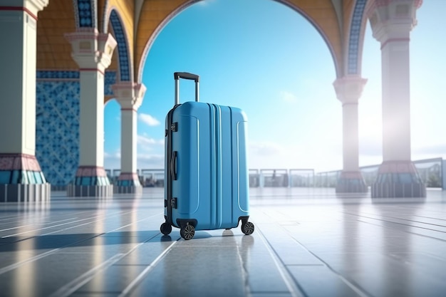 Une valise bleue se trouve dans un terminal avec les mots voyage dessus.