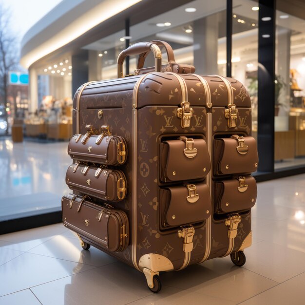 une valise brune avec de nombreux petits sacs sur roues