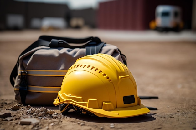 Valise de chantier avec outils et casque de construction jaune Generative AI