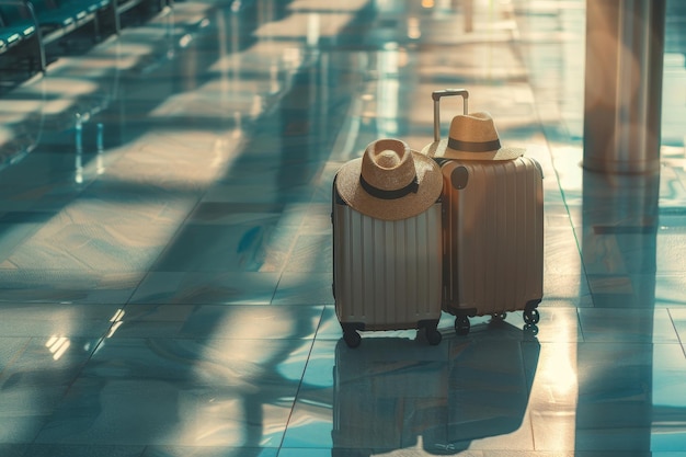 Valise et chapeau dans la salle d'attente du terminal de l'aéroport concept de voyage vacances d'été