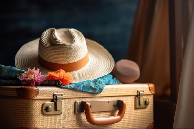 Une valise avec un chapeau dessus et un chapeau dessus.