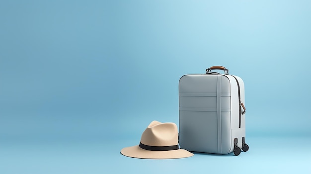 Valise et chapeau sur fond bleu Concept de voyage style minimal