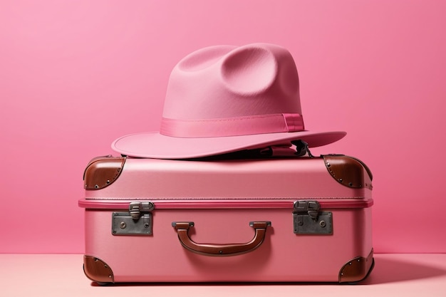 Valise et chapeau sur fond rose