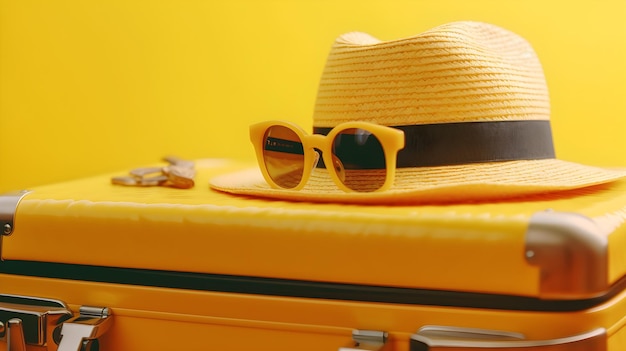 Une valise avec un chapeau et des lunettes de soleil sur fond jaune